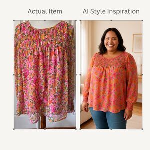 Terra Sky  Womens Peasant Top Plus 2X Pink Floral Shirred Cottagecore Lined Boho